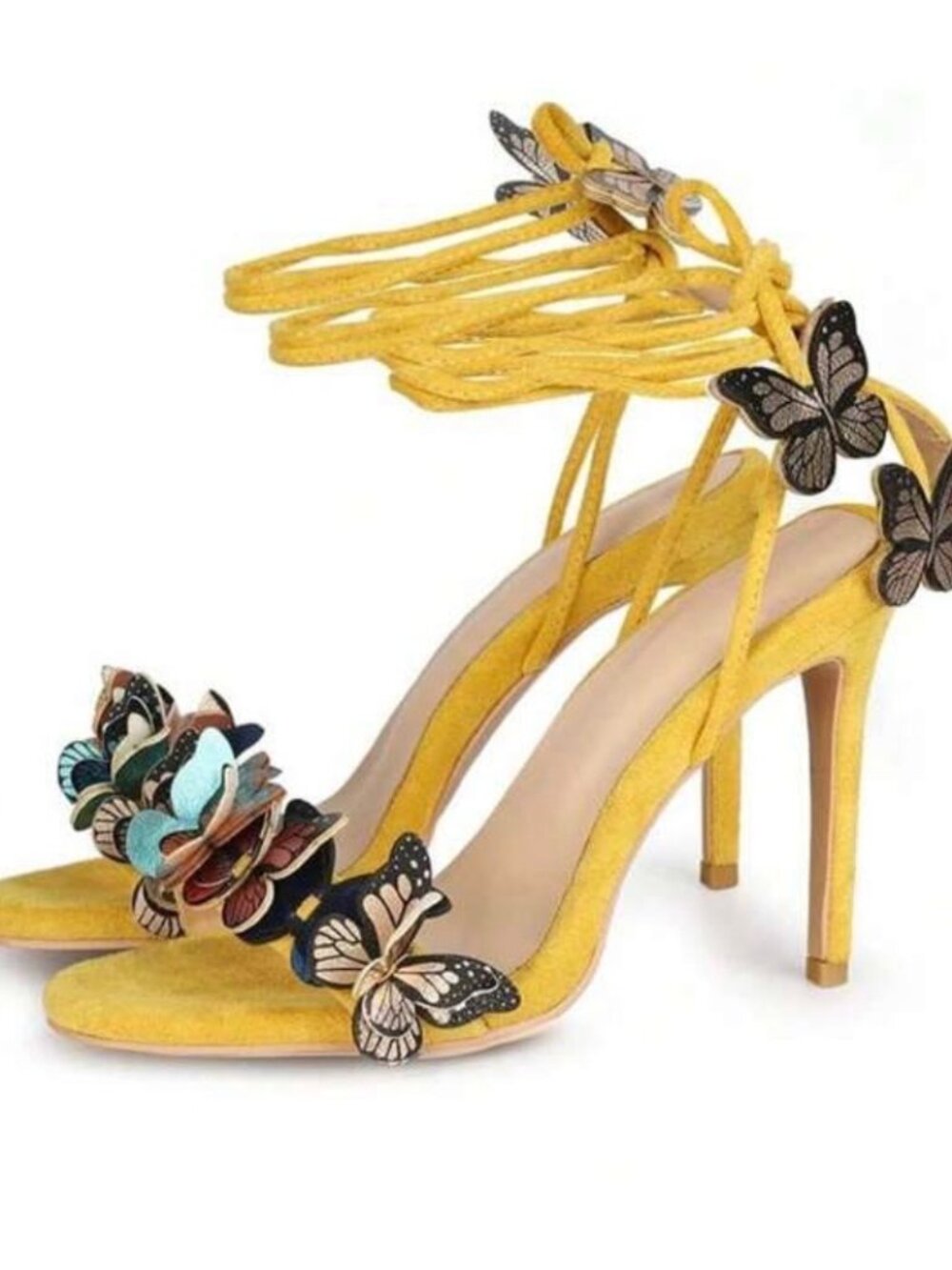 Arga Butterfly Strappy Stiletto High Heel Yellow Suede Sandal